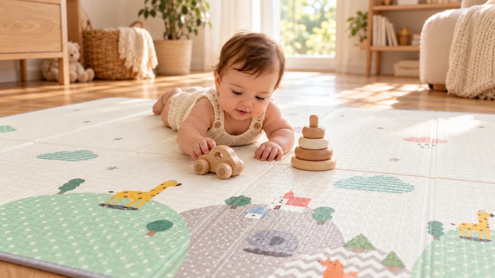 Un bébé allongé sur le ventre joue avec une petite voiture et une pyramide en bois sur le grand tapis d'éveil